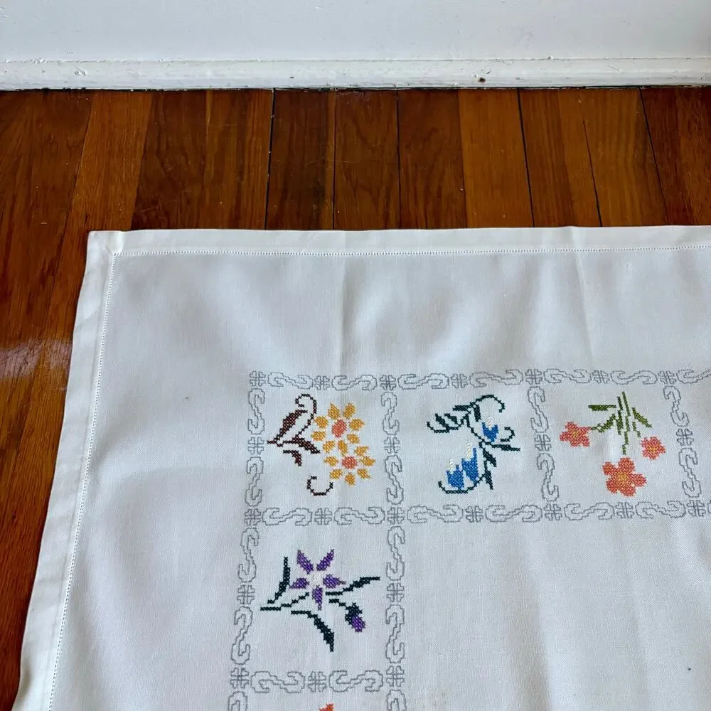 Vintage Cross Stitch Tablecloth Floral Border Heavy Cotton Square
